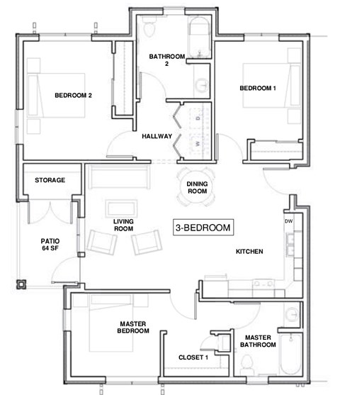 Floor plan for 3 beds, 2 baths, 1284 sqft